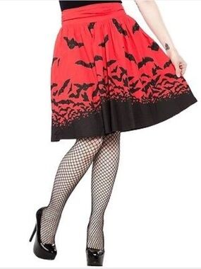 Sourpuss Red and Black Bat Border Circle Skirt, Halloween, Goth